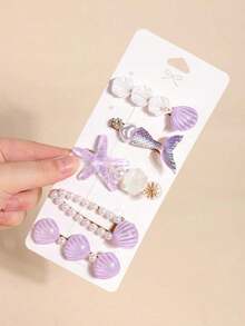 5pcs/Pack Mermaid Shell Hair Clips, Cute Kawaii Lovely Girls Side Crab Clips, Korean Fashion Bangs Hair Accessories - 紫色 - 查看 9