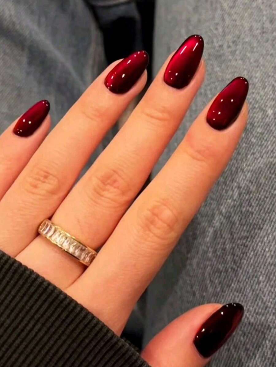 24pcs Minimalist European And American Red Press-On Nails, Medium Almond Shape, Elegant Cat Eye Design, Glossy Full Coverage False Nails, Nail Care Set With Gel Polish And File For Women And Girls - Red - View 1