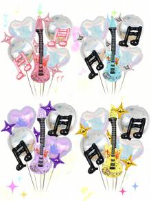 11pcs Music-Themed Party Foil Balloon Set, Including 22" Disco 4D Ball, 18" Colorful Heart Balloons, Musical Notes, 10" Multicolor Star Balloons, Suitable For Pop Music, Disco, Rock Music Birthday Party Decorations - Multicolor - View 1