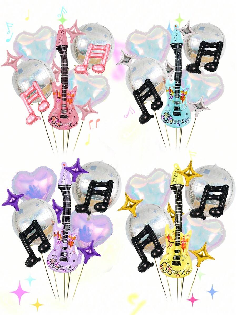 11pcs Music-Themed Party Foil Balloon Set, Including 22" Disco 4D Ball, 18" Colorful Heart Balloons, Musical Notes, 10" Multicolor Star Balloons, Suitable For Pop Music, Disco, Rock Music Birthday Party Decorations - Multicolor - View 1
