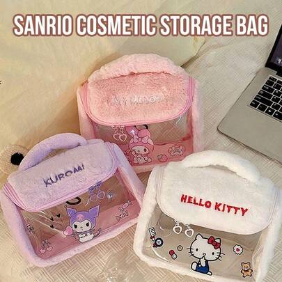 三丽鸥卡通透明化妆包，可爱萌系化妆品收纳包，带提手，防水旅行洗漱包，大容量多层收纳，拉链设计，防尘，适合收纳面霜、乳液、口红、化妆品等，是送给女孩、青少年、动漫迷的完美礼物（Hello Kitty/Kuromi/My Melody）