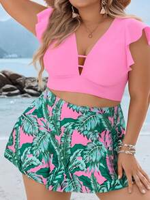 Large Size Pink Green Contrasting Split Swimsuit With Lotus Leaf Fly Sleeves, V-Neck To Cover The Accessory Breast, High Waist Skirt Style Slimming Vacation Swimsuit - 花色 - 查看 3