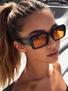 1 Pair Thick Square Orange Fashion Glasses, Suitable For Summer Daily Life, Street Photography, Tropical Beach Vacation, Outdoor Matching, Fashionable And Versatile, Elegant - Mustard Yellow - View 1