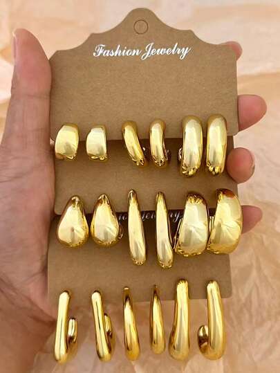 9 Pairs Luxury Asymmetrical Water Drop Curved Earrings Set, Glossy Gold Tone, Suitable For Dates And Work
