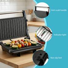 SUSTEAS Panini Press 180° Flip-Open Design Dual-Sided Cooking 304 Stainless Steel Construction - Black - View 6