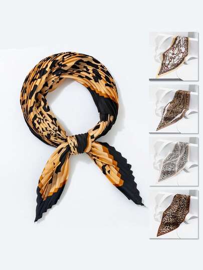 1pc New Leopard Print Chain Design Crinkled Small Square Scarf, Fashionable & Versatile For Daily Wear