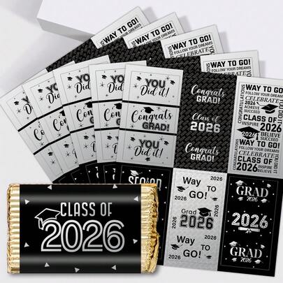 30 piezas/5 hojas Envoltorios de barra de chocolate con etiquetas de la Clase de 2026 en negro y plateado, etiquetas de barra de chocolate de graduación, favor de fiesta, decoración de fiesta de graduación, sin dulces