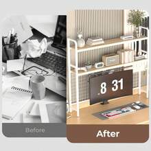 GCCSJ Bookshelf For Desk,2-Tier Desktop Bookshelf - Metal Desktop Bookshelf Organizer,Desk Book Organizer With 3 Hooks & DIY Storage Mesh,Suitable For Office/Game Room/Study/Powder RoomPerfect For Organizing Books, Magazines, Office Supplies(White) - 白色 - 查看 7