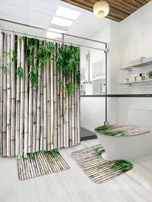1pc Bamboo Print Shower Curtain, Zen Japanese Natural Bamboo Design, Elegant Beige Color Home Decor Bathroom Set With Hooks, Durable Polyester Fabric, Machine Washable, 180cm/70.86in - Multicolor - View 3