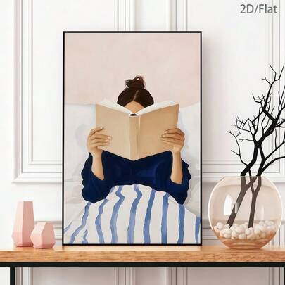 1幅复古抽象风格女子在床上阅读帆布艺术印刷海报，现代墙面艺术装饰画，复古美学装饰，适合卧室、客厅、办公室、书房、浴室、厨房、走廊、宿舍、公寓等场所的墙面装饰和家居装饰，是送给朋友的理想礼物。