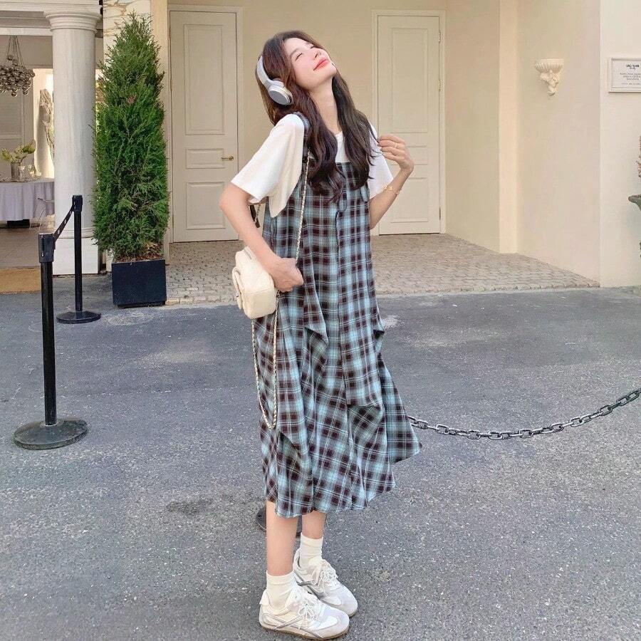 Women Long Dresses - Faux Two-piece Dress - View 1