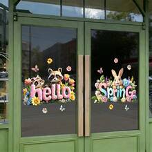 1/2pcs "Spring/Hello" Cute Animal & Floral Window Stickers, Reusable Static Cling, Rabbit & Raccoon Patterns, Suitable For Cafe Windows, Bedroom, Dining Room And Home Decor - Animal Window Stickers - View 9
