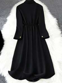 优雅春夏女士衬衫裙，A字中长连衣裙，复古黑色长袖 - 黑色 - 查看 4