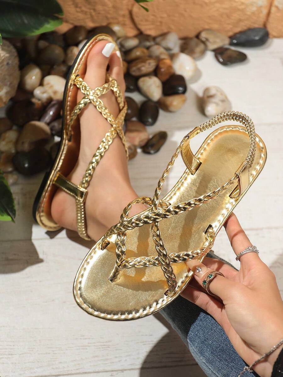 新款条纹编织一脚蹬平底人字拖凉鞋，休闲百搭沙滩鞋，轻便舒适的平底凉鞋，棕色、白色、黑色、金色、银色、彩色