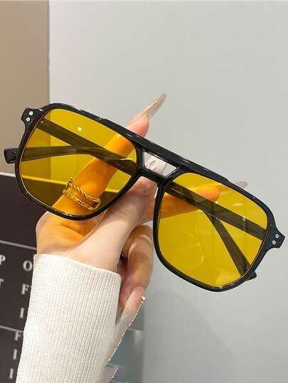 1 Pair Men's Double-Bridge Square Frame Plastic Glasses, Retro Classic Style, Super Lightweight, Light Blue & Orange, Stylish For Travel, Vacation, Daily Wear, Beach, Outdoor