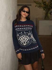 Blusa De Frio Feminina Manga Longa Tricot Inverno Mousse Tramas Geométricos Agasalho - Azul Marinho - Visão 1