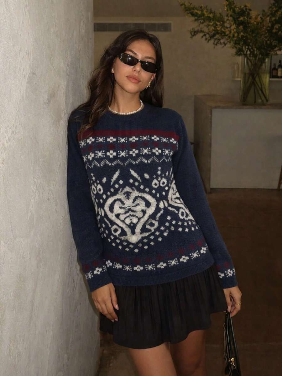 Blusa De Frio Feminina Manga Longa Tricot Inverno Mousse Tramas Geométricos Agasalho - Azul Marinho - Visão 1