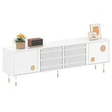 TV Cabinet With A Grid-Like Structure, Concealed Handle, And Gold Finish. Living Room Furniture. Two Solid Wood Doors. - White - View 8
