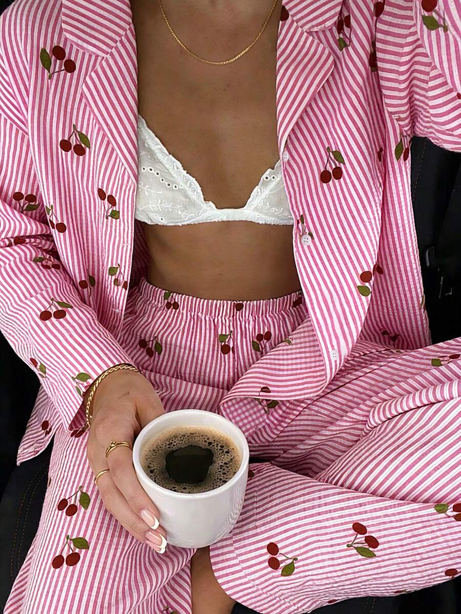 2pcs Women Loose Comfortable Breathable Long Sleeve Top And Long Pants Pajama Set, Cute Home Wear