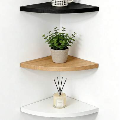 Wall Mounted Corner Shelves With Concealed Radial Design, Space-Saving Storage For Small Apartments. Ideal For Living Room Decor & Books, Bedroom Skincare, Bathroom Toiletries, Home Office Stationery. Modern Minimalist Style, Rounded Edges, Available In Black, Natural Wood & White. Sturdy Brackets For Secure Installation, Maximizes Unused Corner Space While Adding Stylish Organization To Any Home Room.