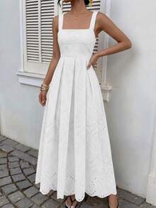 Womens Sleeveless Maxi Summer Dresses 2026 Hollow Out Eyelet Square Neck Ruffle Flowy Beach Vacation Sundress - White - View 3