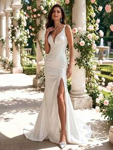 HEARBOBO V-Neck Minimalist Fitted High Slit Satin Prom Dress Wedding Dress Cocktail & Prom Gown - White - View 6