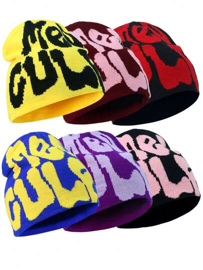 Y2K Brimless Beanie, Gothic Graphic Brimless Beanie, Outdoor Winter Warm Knitted Hat For Men & Women, Letter Bohemian Acrylic Knit Hat, All Season