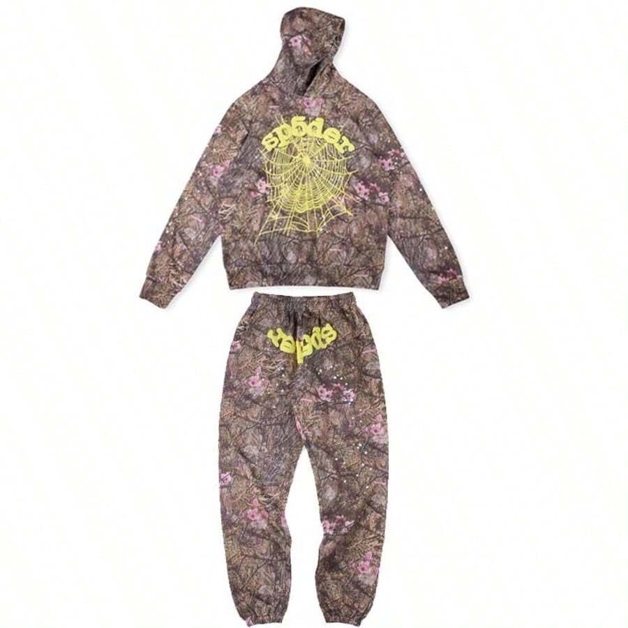 Spider Web Fashion Hip-Hop Printed Flower Hoodie, European And American Brand Large-Sized Loose Men's And Women's Hooded Sweatshirt Set - ngụy trang - Xem 1