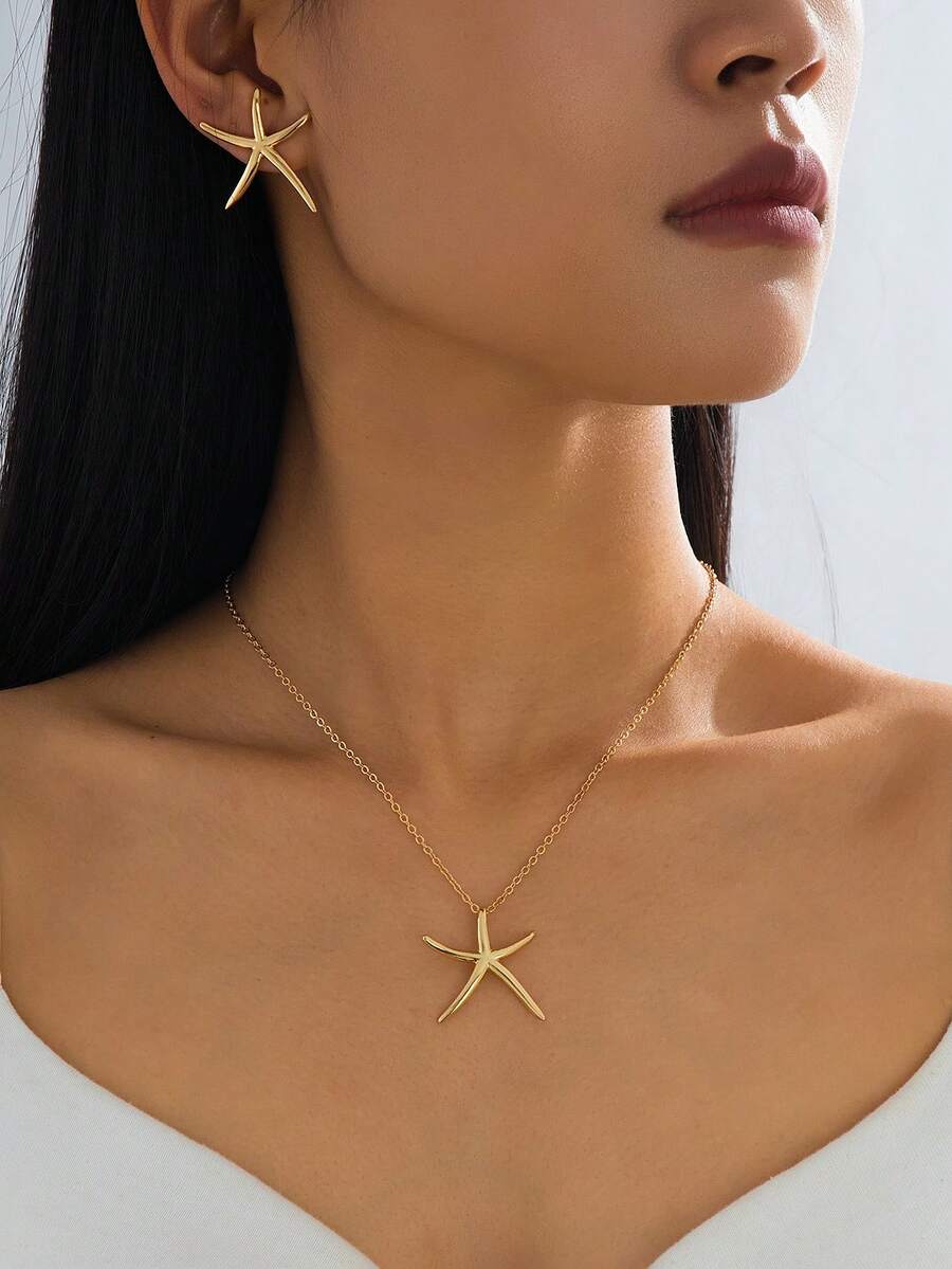 2件套时尚简约海星项链耳环套装，适合女性海滩度假佩戴 - 金黃色 - 查看 1