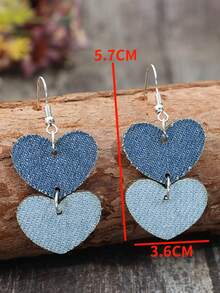 复古牛仔双心耳环，撞色拼接设计耳环 - 藍色 - 查看 5