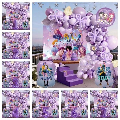 Arco de globos con lazo morado estilo K-Pop, decoración de globos para fiesta de cumpleaños con tema de niña, globos de papel de aluminio con números y música, set de suministros para fiesta de cumpleaños infantil