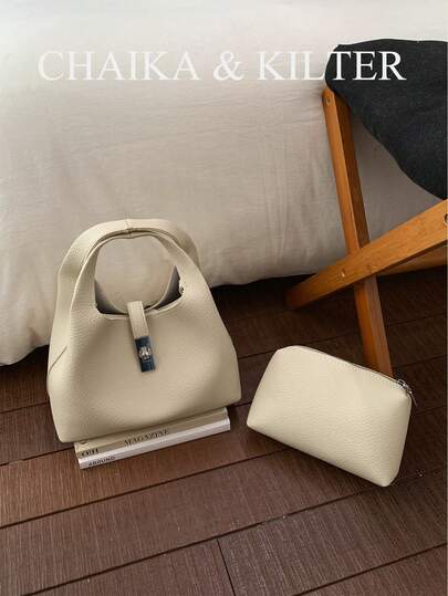 2 piezas Bolso de mano de unicolor de piel de PU de CHAIKA & KILTER, bolso de cubo de moda casual para mujer, diseño con hebilla y cierre de bloqueo giratorio, asas dobles, correa para el hombro ajustable y desmontable, adecuado para compras diarias y salidas