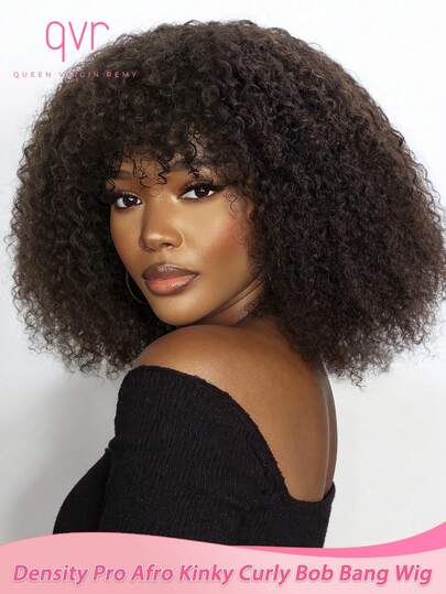 QVR QUEEN VIRGIN REMY Tóc giả bob xoăn xù QVR Afro có mái, làm từ tóc thật, kiểu dáng dễ đội, màu nâu đậm, không cần keo dán, được làm bằng máy, có mái, mật độ 250%, không có ren, kiểu tóc bob ngắn xoăn xù, 100% tóc Remy nguyên chất Brazil, kiểu tóc giả làm từ tóc thật dễ sử dụng.