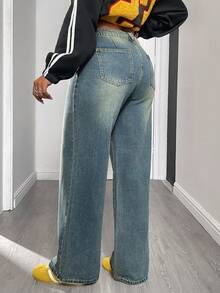 Quần jeans nữ ống rộng tối giản, có túi cài phía trước, thích hợp cho kỳ nghỉ xuân. - Màu xanh cổ điển - Xem 4