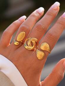 Uself 3pcs/1pc Chic 18K Gold Plated 304 Stainless Steel Ring Set Modern Interlocking Knot & Textured Teardrop Design Dainty Finger Jewelry For Women & Minimalist Fashion Enthusiasts - Multicolor - View 2