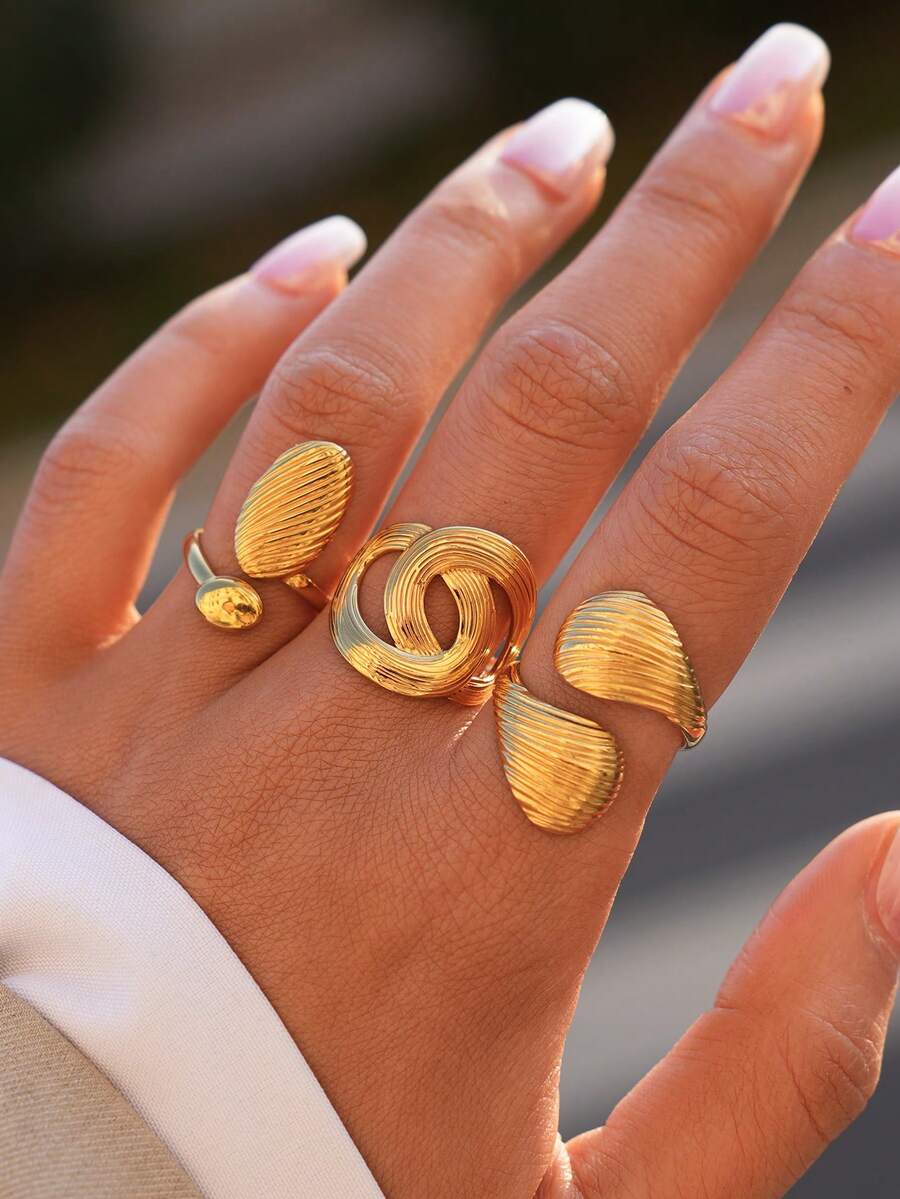 Uself 3pcs/1pc Chic 18K Gold Plated 304 Stainless Steel Ring Set Modern Interlocking Knot & Textured Teardrop Design Dainty Finger Jewelry For Women & Minimalist Fashion Enthusiasts