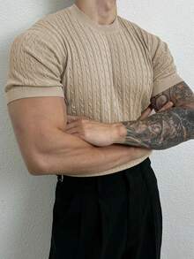 Men's Plain Minimalist Everyday Short Sleeve Knit Sweater - Khaki - View 6