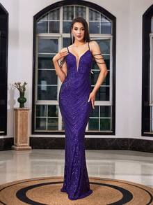LOVE&LEMONADE Romantic Party Maxi Dress, Sleeveless Spaghetti Strap Sequins With Beaded Backless Design, Ideal For Prom And Formal Occasions - Dark Purple - View 3