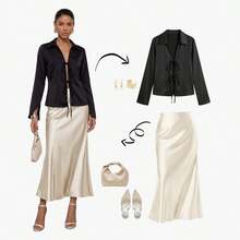 Se-Helo 女士时尚纯色缎面质感系带装饰休闲长袖开衫，四季皆宜黑色春季款 - 黑色 - 查看 2