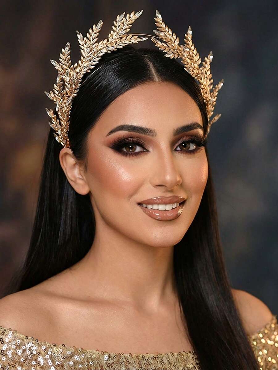 Gold Alloy Leaf Bridal Crown Headband, 3D Headpiece Suitable For Wedding Party,Summer,Beach