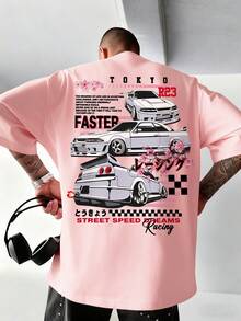 Racing Enthusiasts Must-Have! Men's Summer Japanese Cherry Blossom & Car Element Print Crew Neck Short Sleeve T-Shirt - Pink - View 1