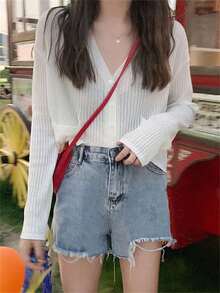 Women's Loose Cropped Cover Up, Long Sleeve Open Front Knit Sweater, Lightweight Spring/Summer Outerwear White - 白色 - 查看 4