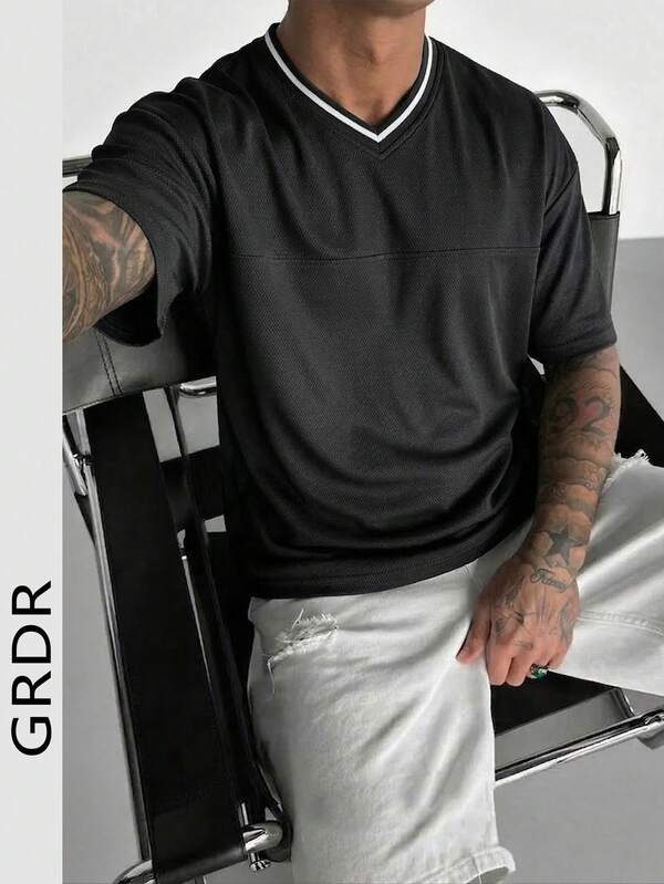  GRDR Men's Summer Casual Solid Color Mesh V-Neck Short Sleeve T-Shirt, Comfortable & Fashionable