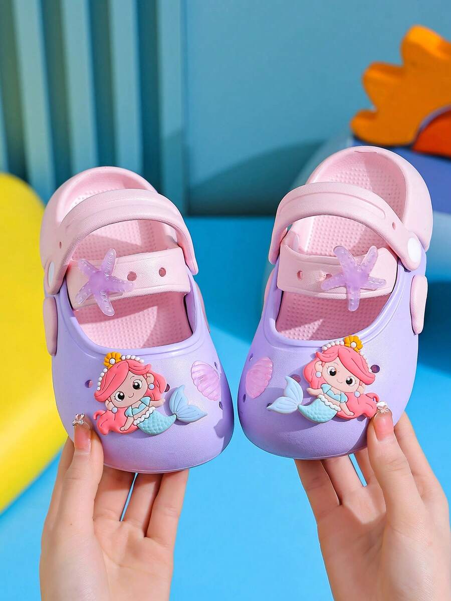 1双儿童可爱卡通美人鱼沙滩凉鞋，女童休闲套脚拖鞋，夏季 - 紫色 - 查看 1