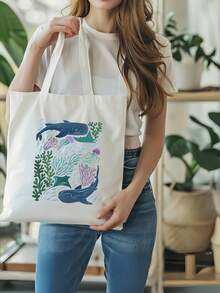 海洋生物印花帆布手提袋，轻便可重复使用，适合泳池度假日常必备 - 彩色 - 查看 11