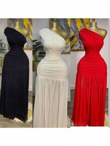 Women's Spring 2026 New Solid Color Sleeveless Slanted Collar Pleated Slim Split Long Dress - White - View 4