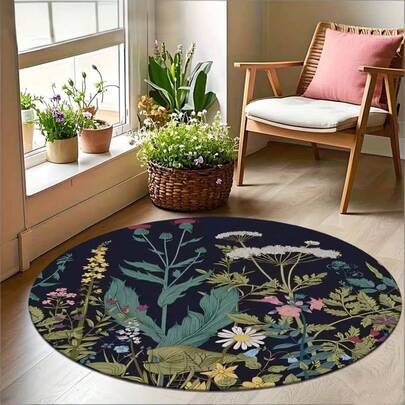 1pc Colorful Floral Pattern Round Carpet, Lightweight Soft Comfortable Durable Easy To Clean, Suitable For Living Room, Entryway, Bedroom, Bathroom, Kitchen, Office, Outdoor, Holiday Decoration And Home Decor