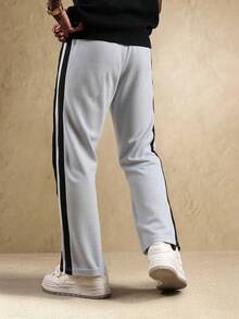 男士华夫格针织时尚条纹抽绳直筒休闲裤，适合跑步、锻炼、健身、户外运动 - 灰色 - 查看 7