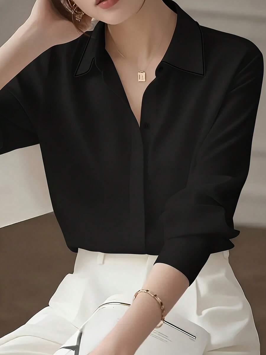 1 chiếc áo sơ mi cài cúc phía trước màu trơn, chất liệu polyester, thích hợp cho công sở, mặc hàng ngày, đi nghỉ mát, mùa xuân/hè/thu. Màu đen. - màu đen - Xem 1