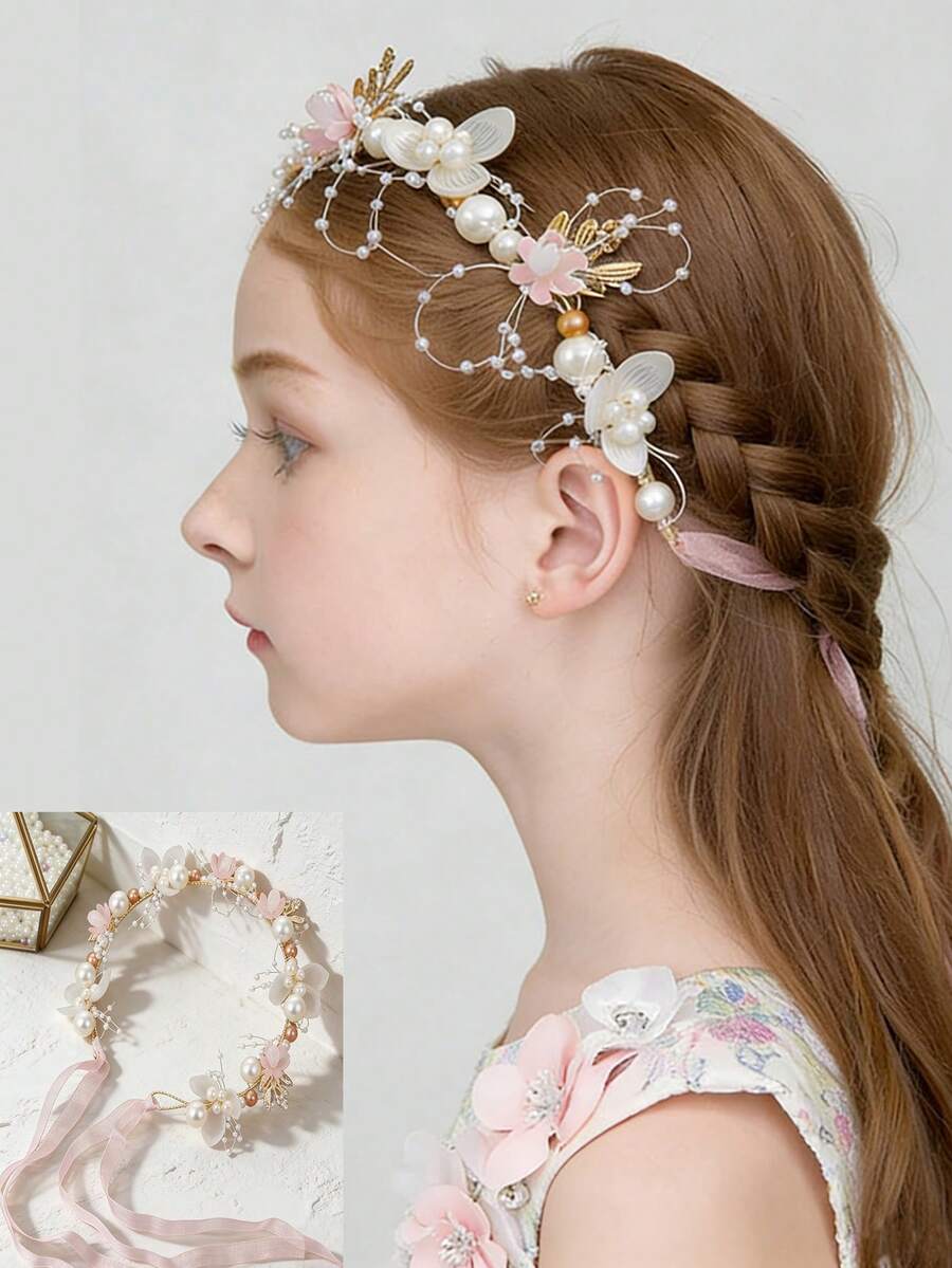 1pc 3D Flower & Pearl Headband, Bridesmaid Headpiece, Suitable For All Seasons - Multicolor - View 1